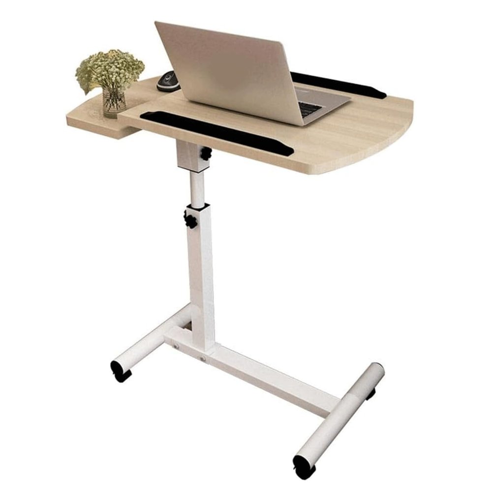 POCHY Overbed Table Tilt Top Lifting Computer Desk W/Wheels Side Table Height Adjustable Standing Desk Steel Frame Laptop Table