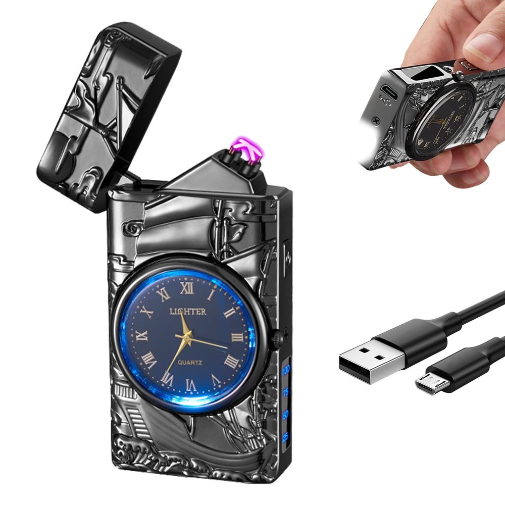 COMANYI Electric Lighter with Plasma Arc, Windproof USB Rechargeable Lighter with Cool Design, Clock Dial, Flashlight, Power Display for Outdoor Daily Use, Gift for Men Women (Sailboat, Black)