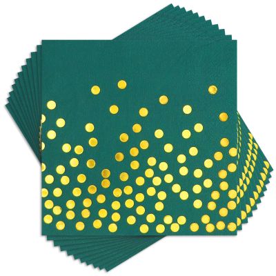 100Pcs Green Cocktail Napkins - Gold Dots Paper Napkins Disposable for Birthday Weddings Graduations Party Supplies