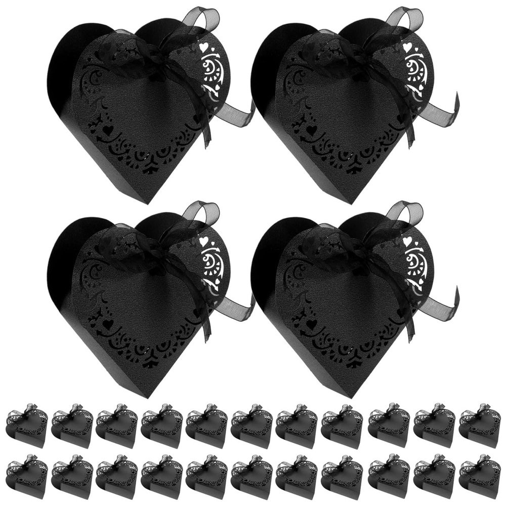 HOMSFOU Wedding Candy Box Set 50Pcs Heart Shaped Hollow Paper Boxes with Ribbons 1.39 Inch Small Favor Boxes for Wedding Party Bridal Shower
