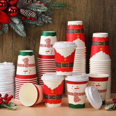 Jetec 100 Pcs Christmas Coffee Cups Disposable Hot Cocoa Christmas Paper Cups in Snowman Santa Belt Design for Coffee Tea Beverage Dinner holiday Party Supplies(12 oz)