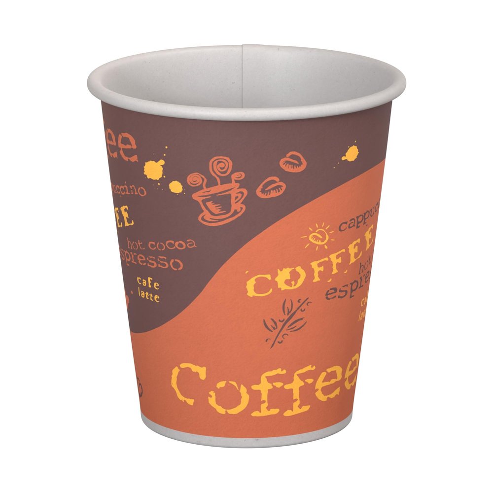 8 oz. Tall Coffee Print Poly Paper Hot Disposable Coffee/Tea Cup - 1000/Case, for Coffeehouse, Cafe, Party, Concert, Club