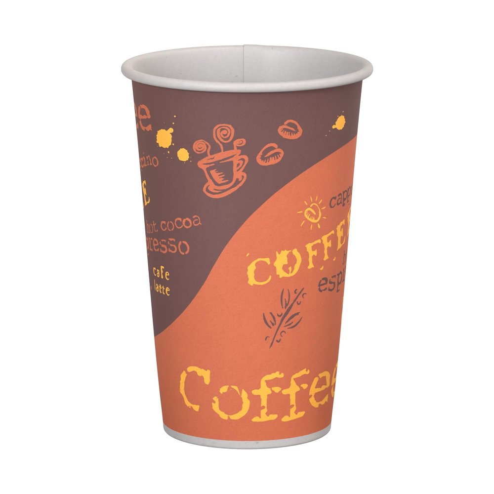 16 oz. Coffee Print Poly Paper Hot Disposable Coffee/Tea Cup - 1000/Case, for Coffeehouse, Cafe, Party, Concert, Club