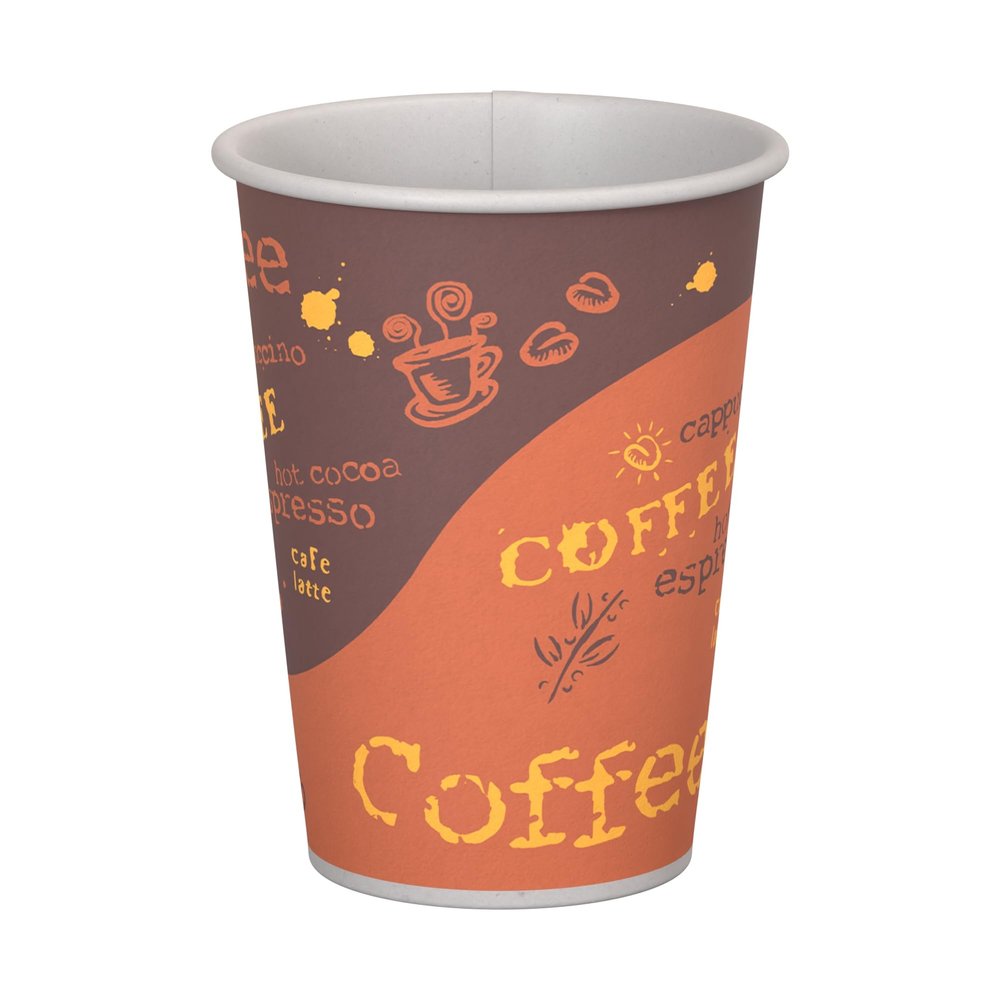 12 oz. Coffee Print Poly Paper Hot Disposable Coffee/Tea Cup - 1000/Case, for Coffeehouse, Cafe, Party, Concert, Club