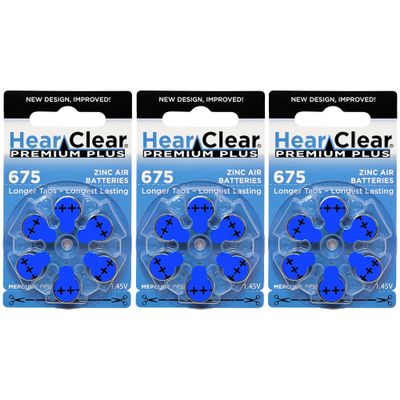 HearClear Size 675 PR44 1.45V Hearing Aid Batteries Blue Tab (18 Batteries)