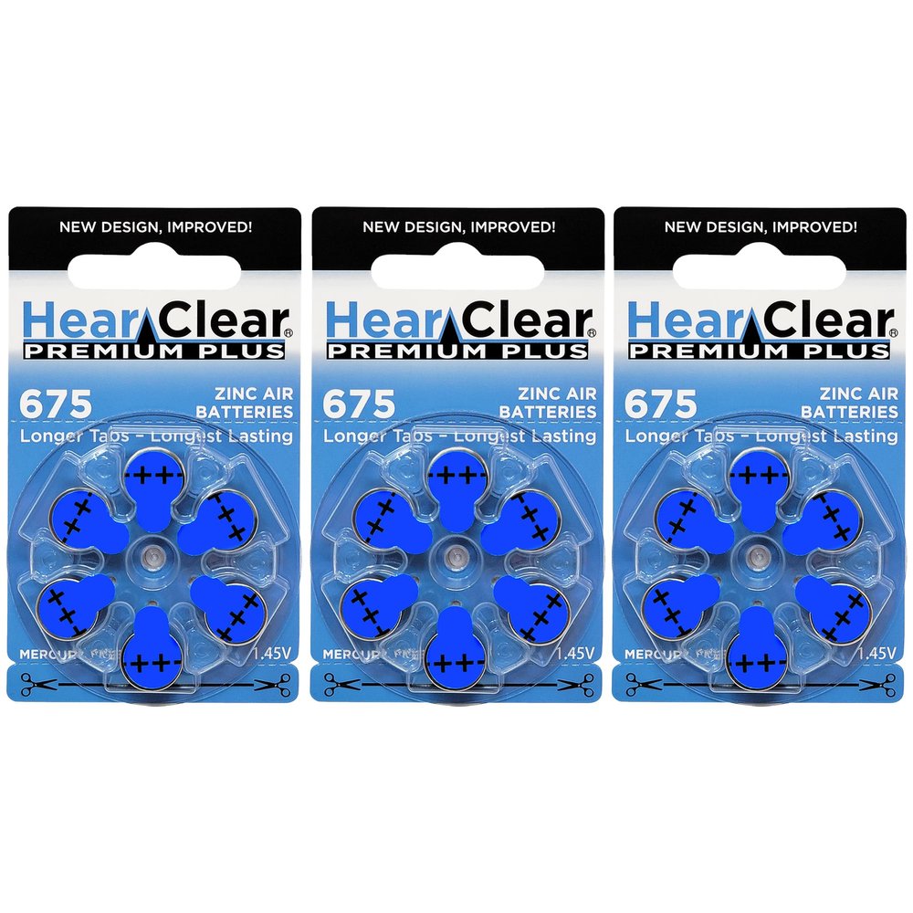 HearClear Size 675 PR44 1.45V Hearing Aid Batteries Blue Tab (18 Batteries)
