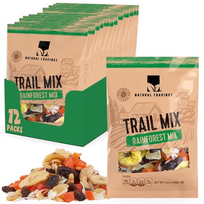 Natural Cravings Trail Mix Snack Dried Fruit Mix & Nuts Mix with Chocolate Chips, Peanuts, Cranberries, Raisins, Walnuts, Tropical Fruits (Small 12 Pack, Rainforest)