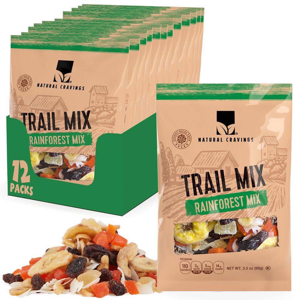 Natural Cravings Trail Mix Snack Dried Fruit Mix & Nuts Mix with Chocolate Chips, Peanuts, Cranberries, Raisins, Walnuts, Tropical Fruits (Small 12 Pack, Rainforest)