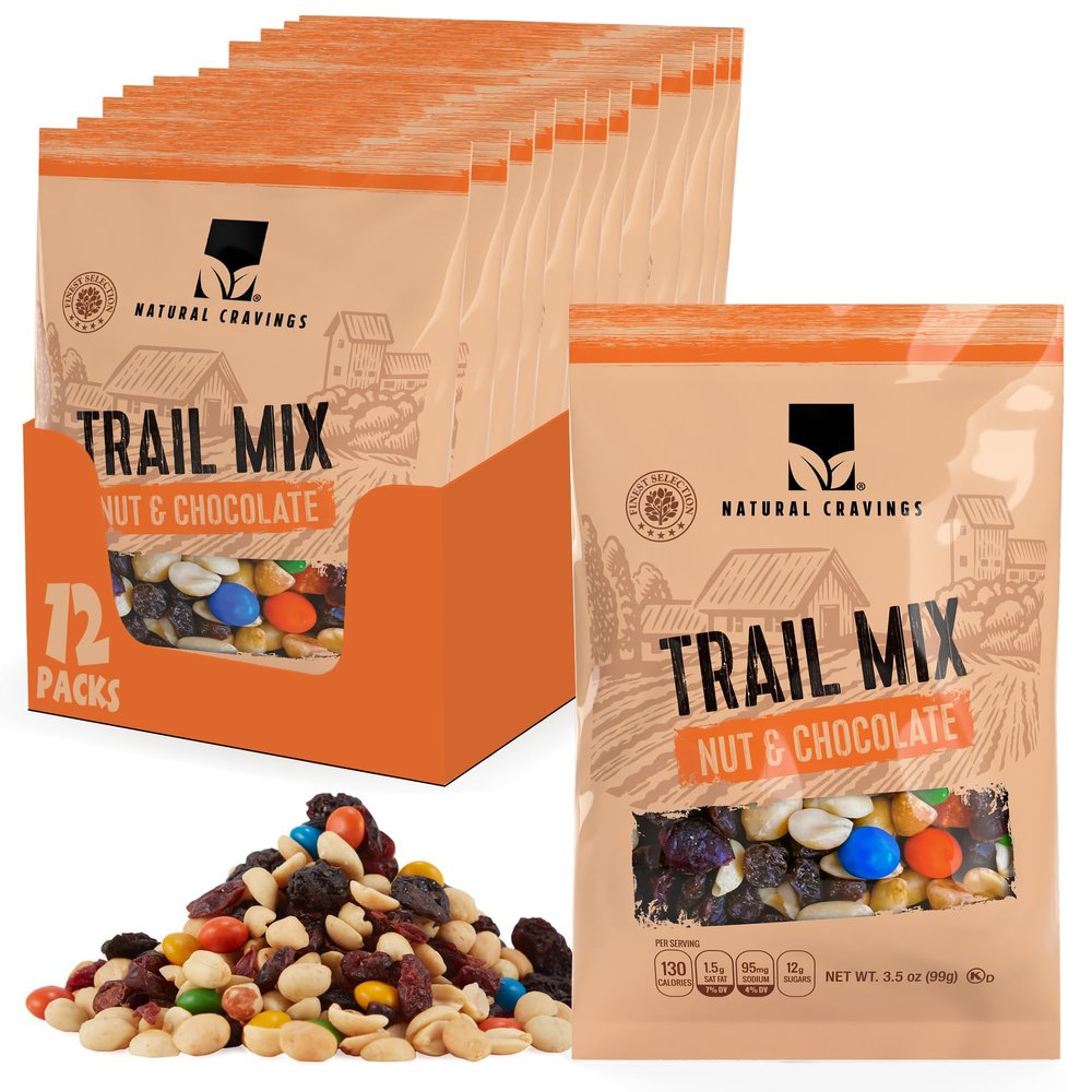 Natural Cravings Trail Mix Snack Dried Fruit Mix & Nuts Mix with Chocolate Chips, Peanuts, Cranberries, Raisins, Walnuts, Tropical Fruits (Small 12 pack, nut & Chocolate)