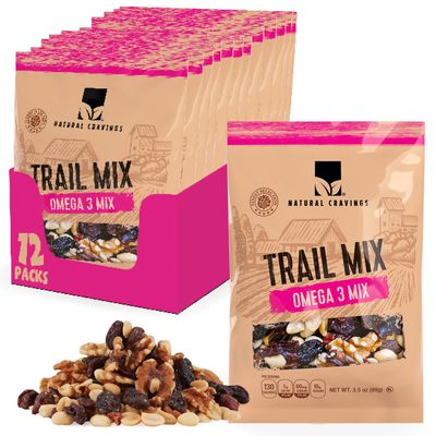 Natural Cravings Trail Mix Snack Dried Fruit Mix & Nuts Mix with Chocolate Chips, Peanuts, Cranberries, Raisins, Walnuts, Tropical Fruits (Small 12 pack, Omega 3)