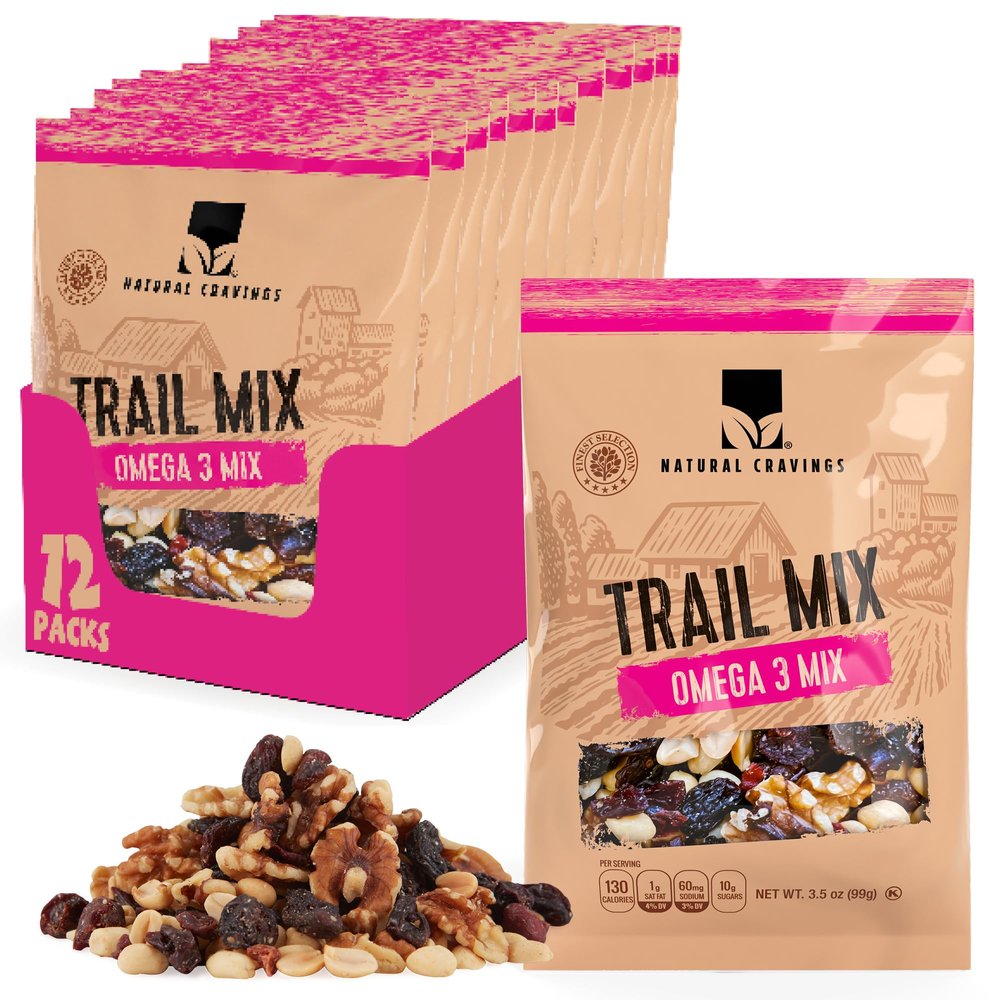 Natural Cravings Trail Mix Snack Dried Fruit Mix & Nuts Mix with Chocolate Chips, Peanuts, Cranberries, Raisins, Walnuts, Tropical Fruits (Small 12 pack, Omega 3)