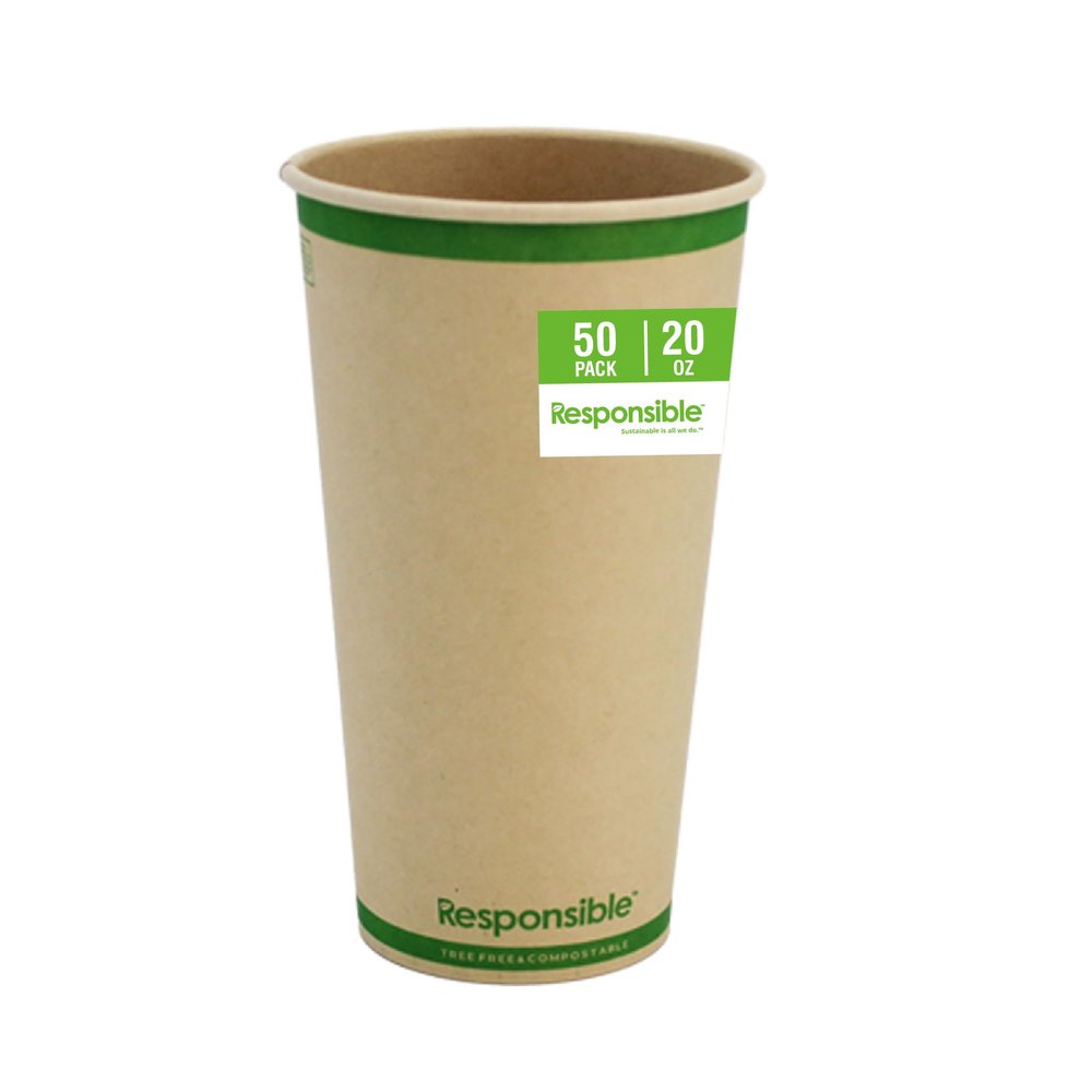 Responsible Products Certified Compostable 20 oz Paper Cups, Cold Hot Coffee Cups, Disposable Paper Cups, Extra Strength Disposable Cups, Made without PFAS (50 count)