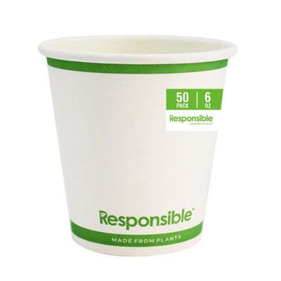 Responsible Products Certified Compostable 6 oz Paper Cups, Cold  Hot Coffee Cups, Disposable Paper Cups, Extra Strength Disposable Cups, Made without PFAS (50 count)