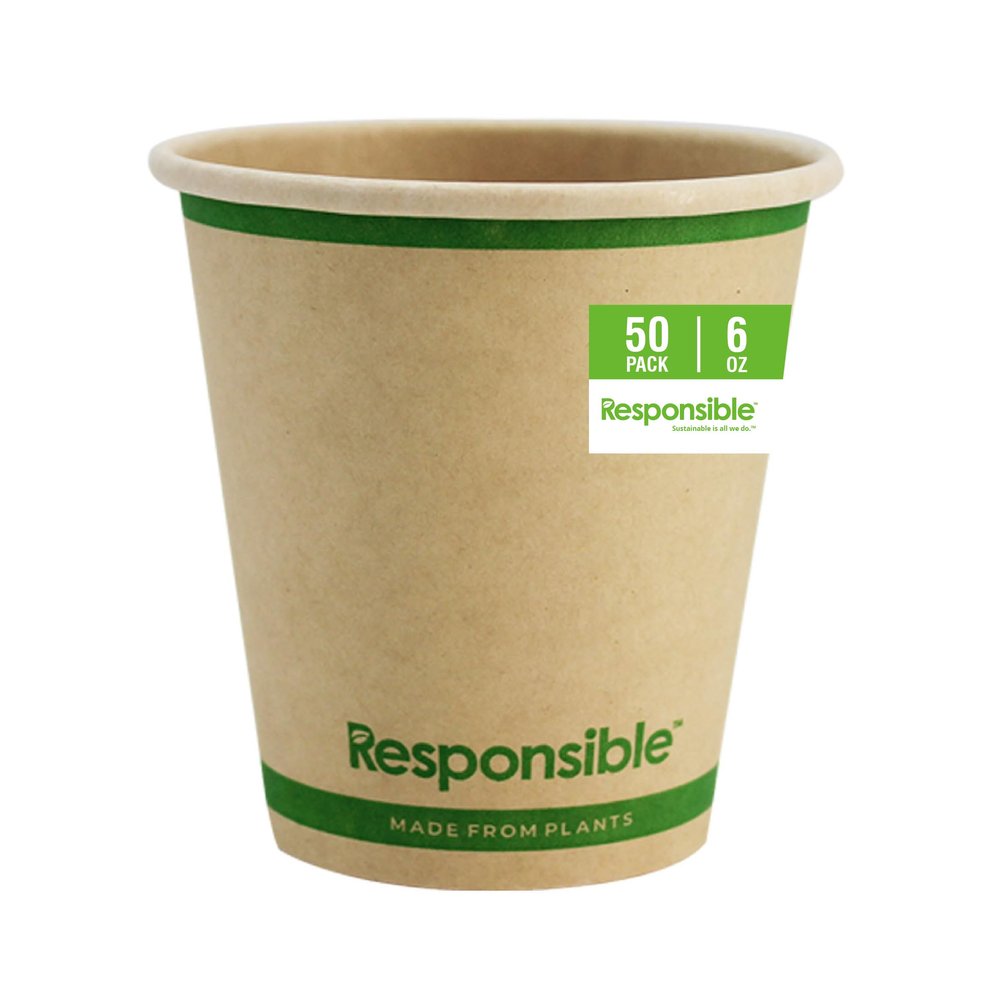 Responsible Products Certified Compostable 6 oz Paper Cups, Cold Hot Coffee Cups, Disposable Paper Cups, Extra Strength Disposable Cups, Made without PFAS (50 count)