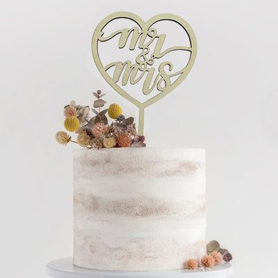 Wooden Gold Mr Mrs Wedding Cake Toppers Party Decors Decoration Double Sided Anniversary (Heart)