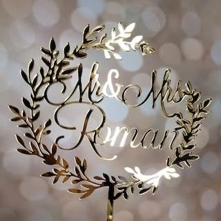 Personalized Wedding Cake Topper with Laurel Wreath,Initial Monogram Birthday Cake Topper, Calligraphy Engagement Cake Topper, Anniversary Wedding Party Decoration.