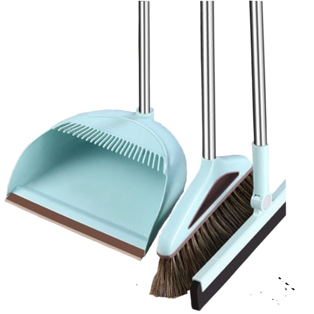Broom and Dustpan Set Broom Dustpan Combo,Dust Pan Household Broom Mane Bristle Floor Squeegee Blue N-3x Three Pcs -Round