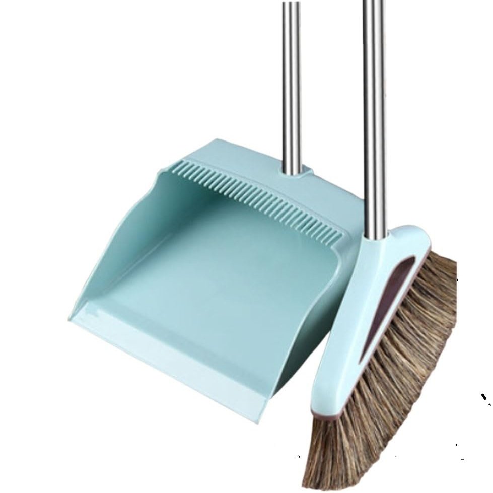 Broom and Dustpan Set Broom Dustpan Combo,Dust Pan Household Broom Mane Bristle Blue N-SX Two Pcs -Square
