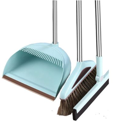 Broom and Dustpan Set Broom Dustpan Combo,Dust Pan Household Broom Mane Bristle Floor Squeegee Blue N-4Y Three Pcs -Round