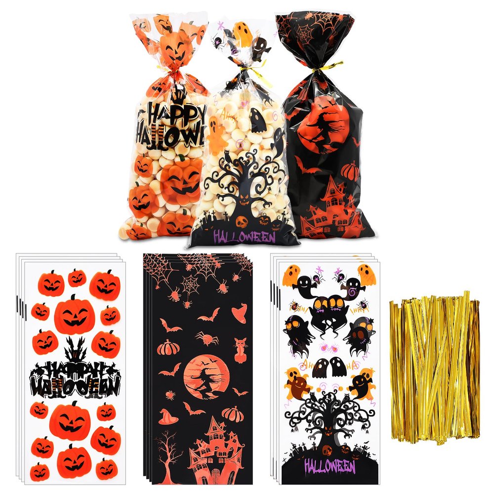 150 Pieces 3 Designs Halloween Candy Bags Treat Bags with Twist Ties, Pumpkin Witches Happy Halloween Clear Cellophane Goodie Snack Bags for Boys Girls Trick or Treat Party Favor Decorations