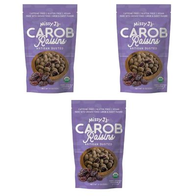 Missy J's Organic Carob Covered Raisins 8 Oz 3 Pack, Vegan Gluten Free, Substitute for Chocolate, Perfect for Snacks and Treats
