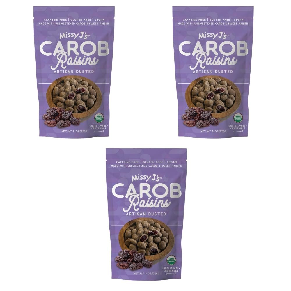 Missy J's Organic Carob Covered Raisins 8 Oz 3 Pack, Vegan Gluten Free, Substitute for Chocolate, Perfect for Snacks and Treats