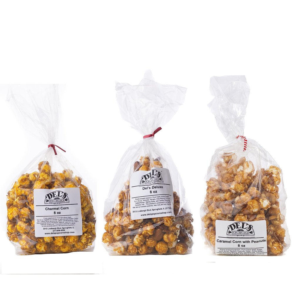 Del's Popcorn Variety Pack (Three Pack) - Gourmet Popcorn Gift Set (Charmel/Dels Deluxe/Peanut Popcorn)