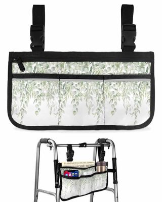 Spring Leaves Wheelchair Side Bag Walker Bag, Green Summer Watercolor Wheelchair Accessories Armrest Pouch, Organizer Storage Bag for Walkers, Rollators, Scooters, 7.3''x13''