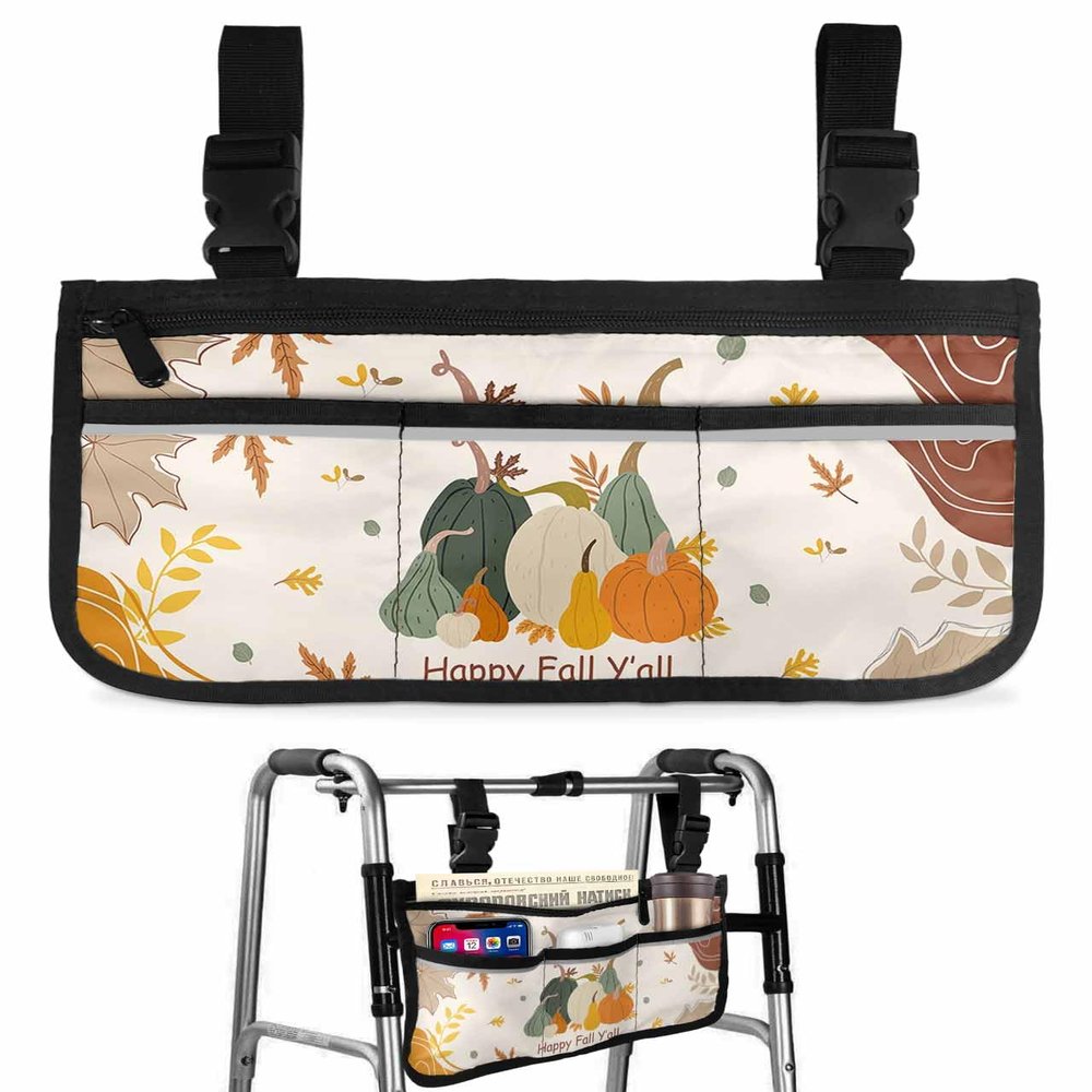 Pumpkins Fall Wheelchair Side Bag Walker Bag, Thanksgiving Maple Leaves Boho Wheelchair Accessories Armrest Pouch, Organizer Storage Bag for Walkers, Rollators, Scooters, 7.3''x13''