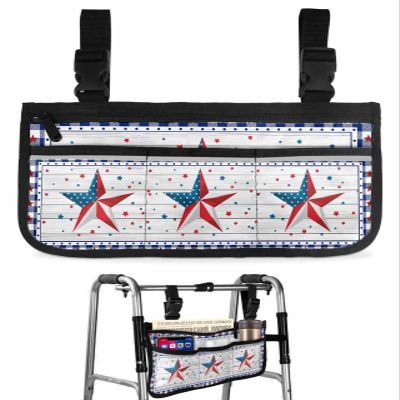 4th of July Wheelchair Side Bag Walker Bag, Independence Day American Star on Wood Blue Wheelchair Accessories Armrest Pouch, Organizer Storage Bag for Walkers, Rollators, 7.3''x13''