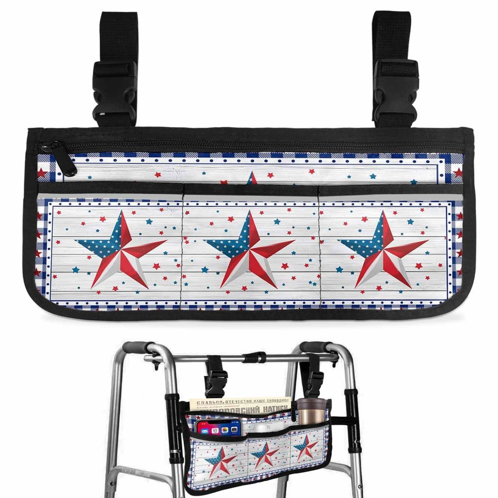 4th of July Wheelchair Side Bag Walker Bag, Independence Day American Star on Wood Blue Wheelchair Accessories Armrest Pouch, Organizer Storage Bag for Walkers, Rollators, 7.3''x13''