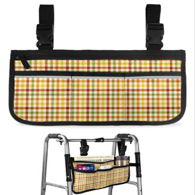 Thanksgiving Plaid Wheelchair Side Bag Walker Bag, Autumn Green Orange Buffalo Checkered Wheelchair Accessories Armrest Pouch, Organizer Storage Bag for Walkers, Rollators, Scooters, 7.3''x13''