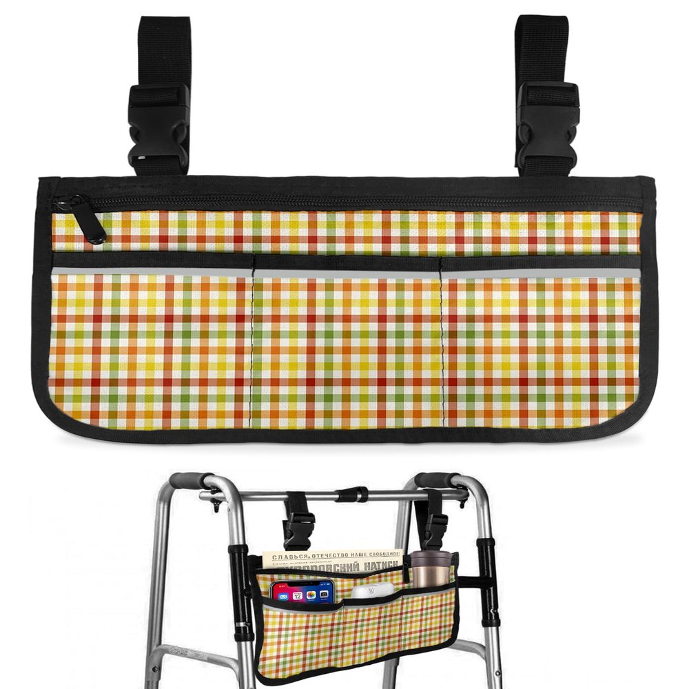 Thanksgiving Plaid Wheelchair Side Bag Walker Bag, Autumn Green Orange Buffalo Checkered Wheelchair Accessories Armrest Pouch, Organizer Storage Bag for Walkers, Rollators, Scooters, 7.3''x13''