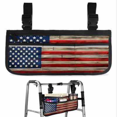 4th of July Wheelchair Side Bag Walker Bag, Vintage American Flag Red Striped Wheelchair Accessories Armrest Pouch, Organizer Storage Bag for Walkers, Rollators, Scooters, 7.3''x13''