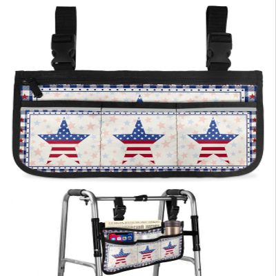 4th of July American Star Wheelchair Side Bag Walker Bag, Independence Day Blue Wheelchair Accessories Armrest Pouch, Organizer Storage Bag for Walkers, Rollators, 7.3''x13''