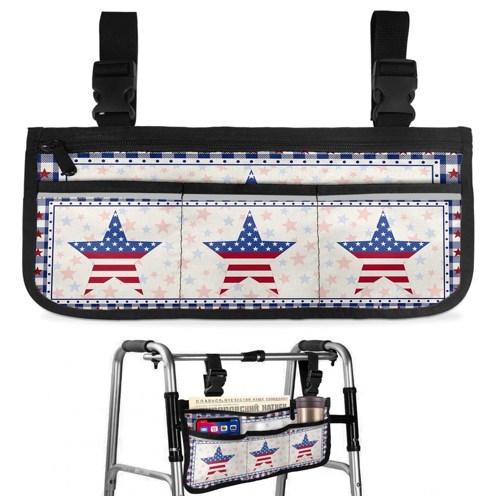 4th of July American Star Wheelchair Side Bag Walker Bag, Independence Day Blue Wheelchair Accessories Armrest Pouch, Organizer Storage Bag for Walkers, Rollators, 7.3''x13''