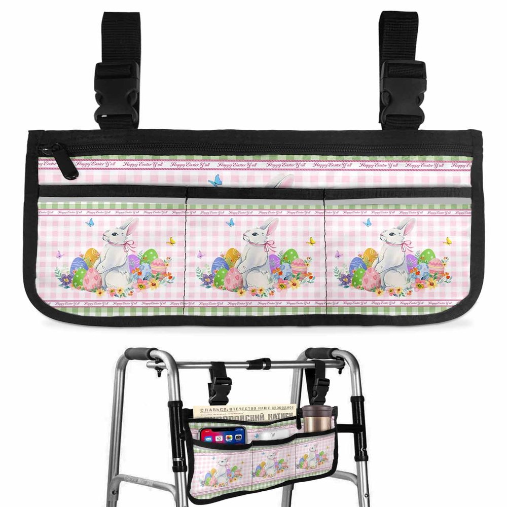 Easter Bunny Wheelchair Side Bag Walker Bag, Spring Flower Eggs on Pink and Green Buffalo Check Wheelchair Accessories Armrest Pouch, Organizer Storage Bag for Walkers, Rollators, 7.3''x13''