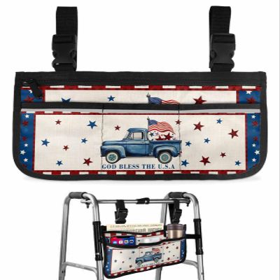 4th of July Truck Wheelchair Side Bag Walker Bag, Independence Day American Flag Star Patriotic Wheelchair Accessories Armrest Pouch, Organizer Storage Bag for Walkers, Rollators, 7.3''x13''
