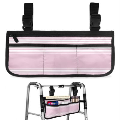 Pink Stripe Wheelchair Side Bag Walker Bag, Farmhouse White Line Art Wheelchair Accessories Armrest Pouch, Organizer Storage Bag for Walkers, Rollators, Scooters, 7.3''x13''
