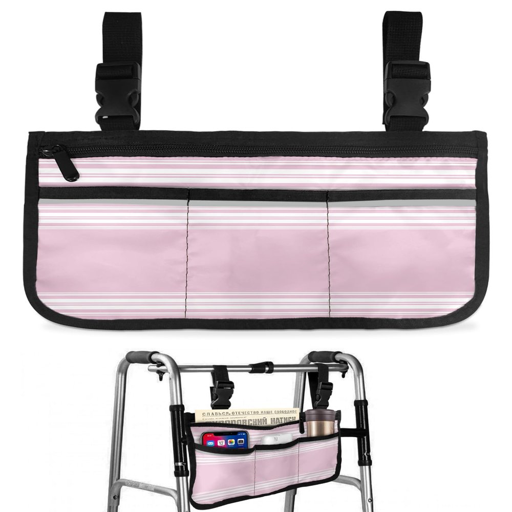 Pink Stripe Wheelchair Side Bag Walker Bag, Farmhouse White Line Art Wheelchair Accessories Armrest Pouch, Organizer Storage Bag for Walkers, Rollators, Scooters, 7.3''x13''