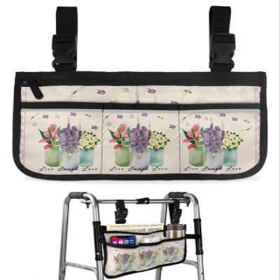 Spring Floral Wheelchair Side Bag Walker Bag, Summer Flowers Live Laugh Love Purple Plaid Wheelchair Accessories Armrest Pouch, Organizer Storage Bag for Walkers, Rollators, 7.3''x13''