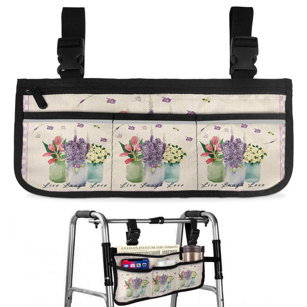 Spring Floral Wheelchair Side Bag Walker Bag, Summer Flowers Live Laugh Love Purple Plaid Wheelchair Accessories Armrest Pouch, Organizer Storage Bag for Walkers, Rollators, 7.3''x13''