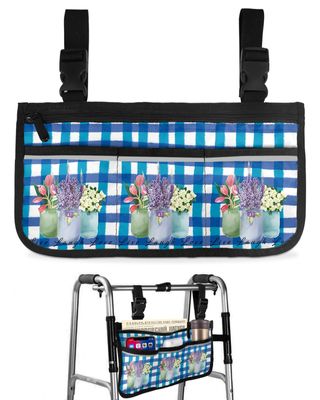 Spring Florals Wheelchair Side Bag Walker Bag, Tulip Lavender Flower Blue Checkered Wheelchair Accessories Armrest Pouch, Organizer Storage Bag for Walkers, Rollators, Scooters, 7.3''x13''