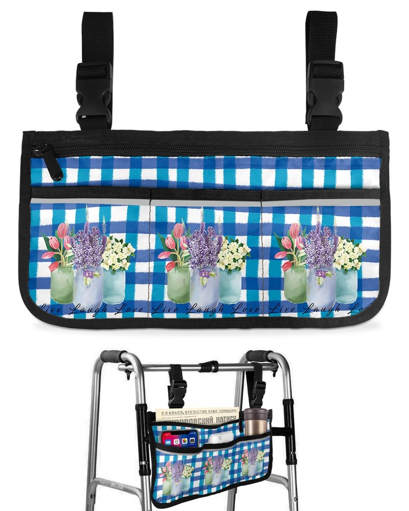 Spring Florals Wheelchair Side Bag Walker Bag, Tulip Lavender Flower Blue Checkered Wheelchair Accessories Armrest Pouch, Organizer Storage Bag for Walkers, Rollators, Scooters, 7.3''x13''