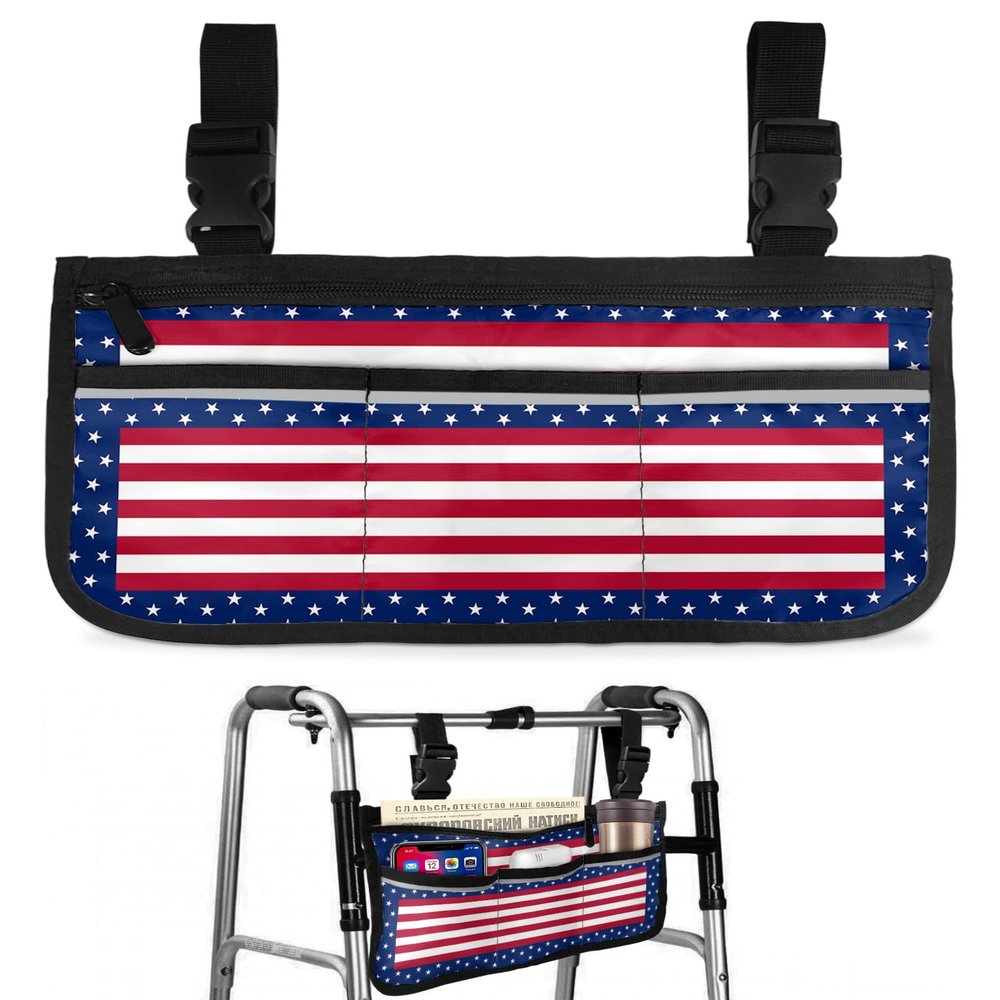 4th of July Wheelchair Side Bag Walker Bag, Patriotic American Star Red Striped Wheelchair Accessories Armrest Pouch, Organizer Storage Bag for Walkers, Rollators, Scooters, 7.3''x13''