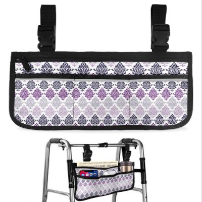 Purple Floral Pattern Wheelchair Side Bag Walker Bag, Ombre Luxurious Flowers Wheelchair Accessories Armrest Pouch, Organizer Storage Bag for Walkers, Rollators, Scooters, 7.3''x13''