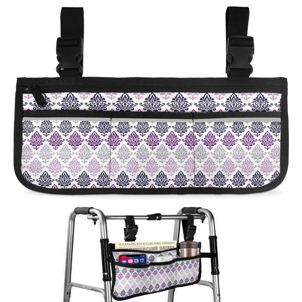 Purple Floral Pattern Wheelchair Side Bag Walker Bag, Ombre Luxurious Flowers Wheelchair Accessories Armrest Pouch, Organizer Storage Bag for Walkers, Rollators, Scooters, 7.3''x13''