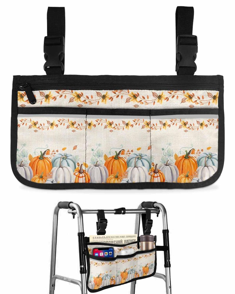 Thanksgiving Pumpkins Wheelchair Side Bag Walker Bag, Fall Autumn Harvest Maple Leaves Wheelchair Accessories Armrest Pouch, Organizer Storage Bag for Walkers, Rollators, Scooters, 7.3''x13''