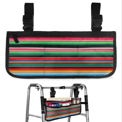 Mexican Stripes Wheelchair Side Bag Walker Bag, Pink Green Rainbow Colorful Wheelchair Accessories Armrest Pouch, Organizer Storage Bag for Walkers, Rollators, Scooters, 7.3''x13''
