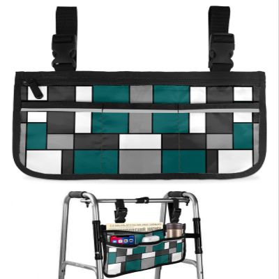 Teal Geometric Wheelchair Side Bag Walker Bag, Turquoise Middle Century Black Gray Wheelchair Accessories Armrest Pouch, Organizer Storage Bag for Walkers, Rollators, Scooters, 7.3''x13''